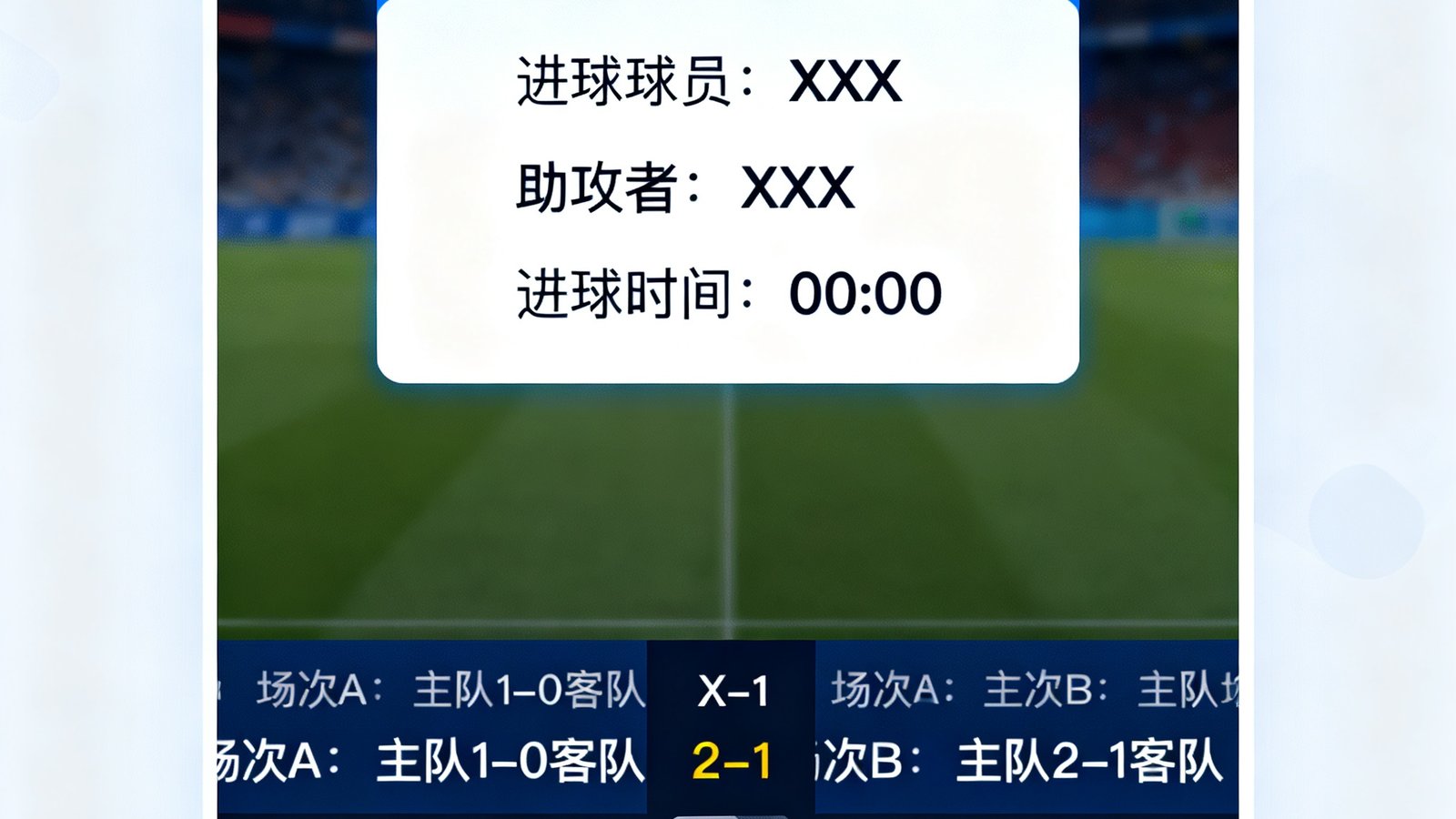88看球闪电比分更新界面，屏幕顶部弹出进球提醒窗口，显示进球球员姓名、助攻者和进球时间，底部滚动条展示其他场次实时比分